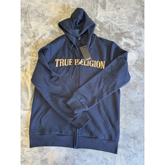 True Religion Men's Classic Buddha Logo Full Zip Up Hoodie Sweatshirt Large - Picture 1 of 10